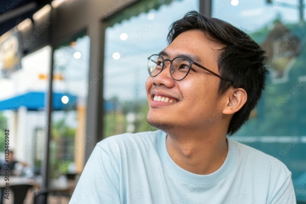 Obraz premium A young man with glasses sits in a cafe, smiling brightly while looking out the window. The sunny afternoon light creates a warm atmosphere, capturing a carefree moment of joy and relaxation.