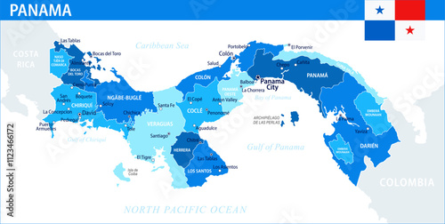 Panama Map Vector Blue Spot - Customizable layered political map of Panama with administrative divisions for website, education, reports, news, politics, print, poster and wallpaper