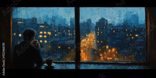 A late-night cityscape viewed through a rain-speckled window, with a solitary figure sipping tea and gazing out at the glowing lights