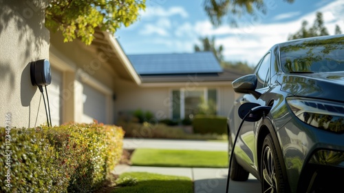EV Charging by AC Charger at the House with Solar Panels in the Background