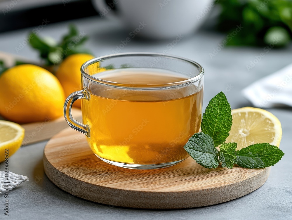 Cup of tea with lemon and mint on wooden board, fresh ingredients, bright atmosphere. Cup of tea with lemon and mint on wooden board, fresh ingredients, bright atmosphere.