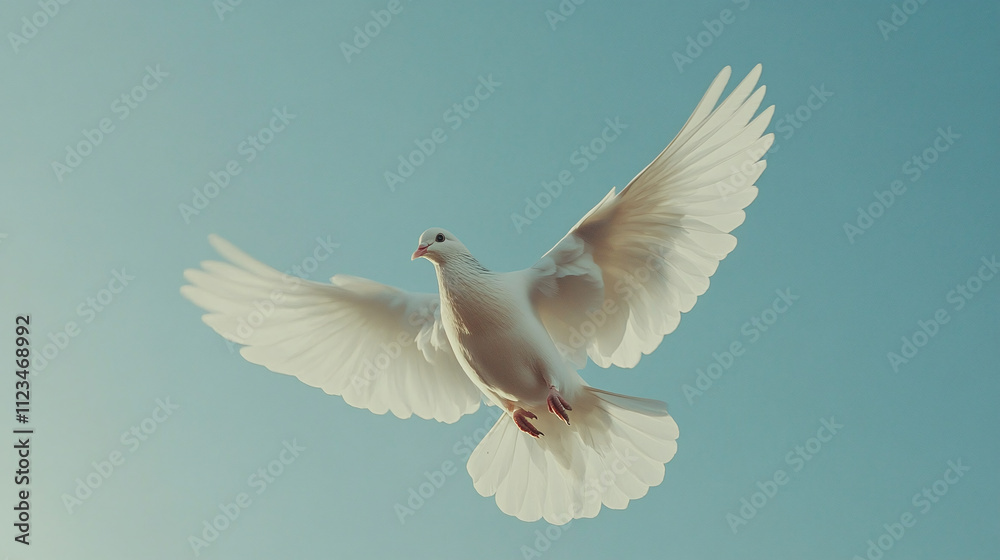 Obraz premium Dove soars, white against sky, freedom and peace embodied in spirit flight, holy symbol ascends to heaven, bird of nature set against blue backdrop.