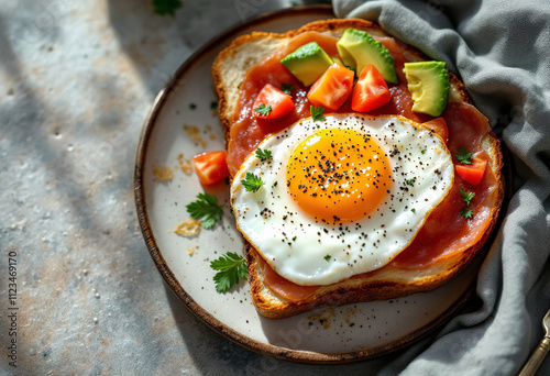 toast bread with a cooked egg, slices of jamon, diced tomatoes, and avocado