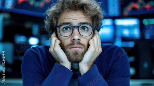 Focus on stressed trader contemplating stock market strategies. photo