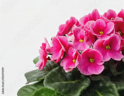 Pink African violets in lower right-hand corner of white background AI photo