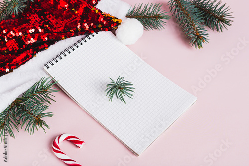 Blank notebook, santa claus hat and fir branches on pink background photo