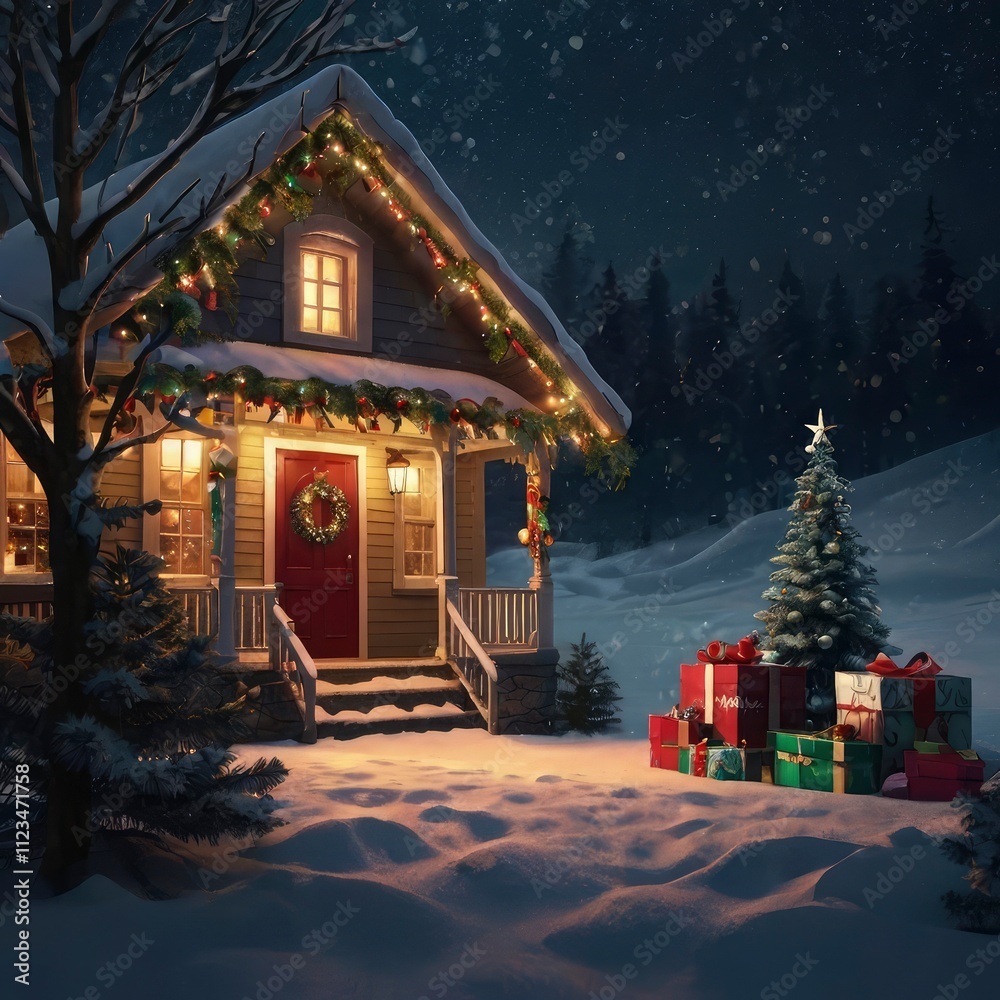 Naklejka premium Christmas tree and house