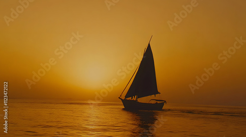 A traditional dhow sailing along the African coastline at sunset its silhouette outlined against the orange sky.