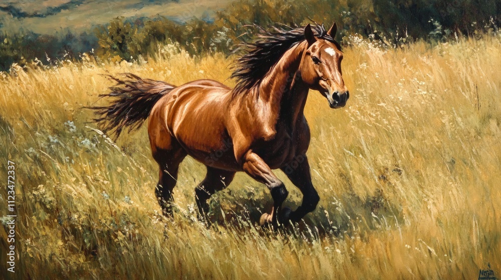 Wild Horse in Motion, a breathtaking depiction of a wild horse racing through a vibrant grassy meadow, embodying the spirit of freedom and the beauty of untamed nature. Wild Horse in Motion, a breathtaking depiction of a wild horse racing through a vibrant grassy meadow, embodying the spirit of freedom and the beauty of untamed nature.