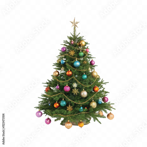 abstract 3d decorated green christmas tree with golden baubles for new year with gift box isolated on white background