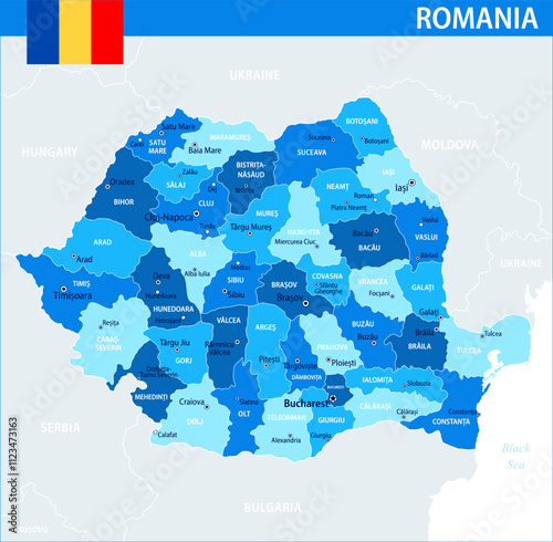 Romania Map Vector Blue Spot - Customizable layered political map of Romania with administrative divisions for website, education, reports, news, politics, print, poster and wallpaper