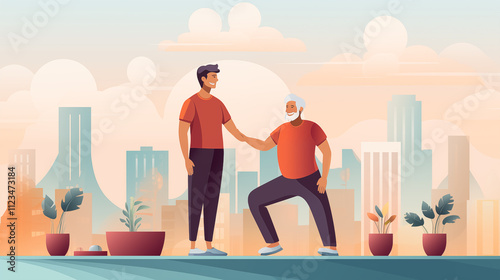 Sporty elderly couple in the park on the sports ground. Men doing sports exercises. Healthy lifestyle concept