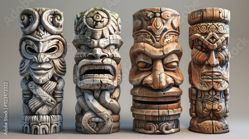 Intricate carved wooden tribal tiki totem sculptures artifacts and decorative ritual objects from the indigenous cultures of Southeast Asia and the Pacific Islands  These ancient ethnic photo