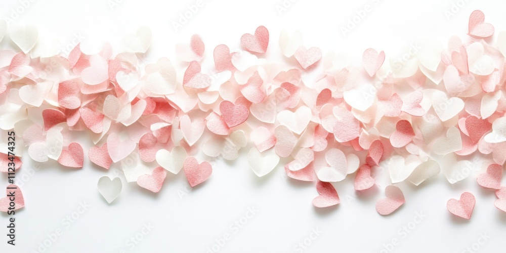 Fototapeta premium Pink and white heart-shaped confetti on white background