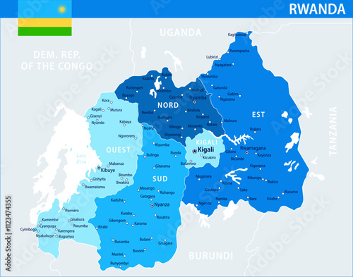 Rwanda Map Vector Blue Spot - Customizable layered political map of Rwanda with administrative divisions for website, education, reports, news, politics, print, poster and wallpaper