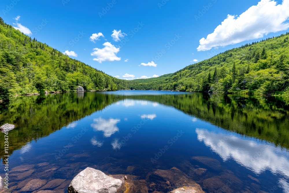 Fototapeta premium Serene lake reflecting blue sky and green hills under a bright sunny day.