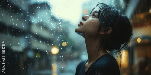 A person standing in the rain without an umbrella, their face turned upward, letting the raindrops fall as if embracing the moment