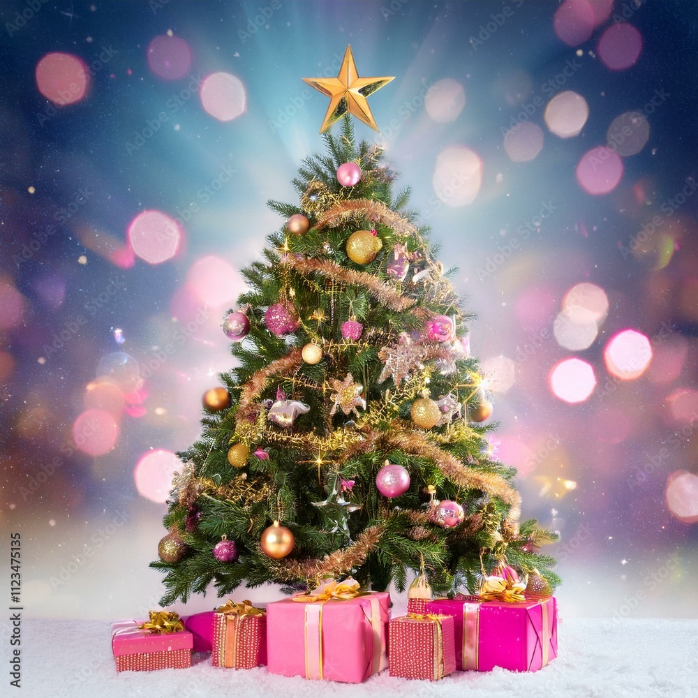 Obraz premium Brillo Navideño: Árbol Decorado con Estrella Dorada y Adornos