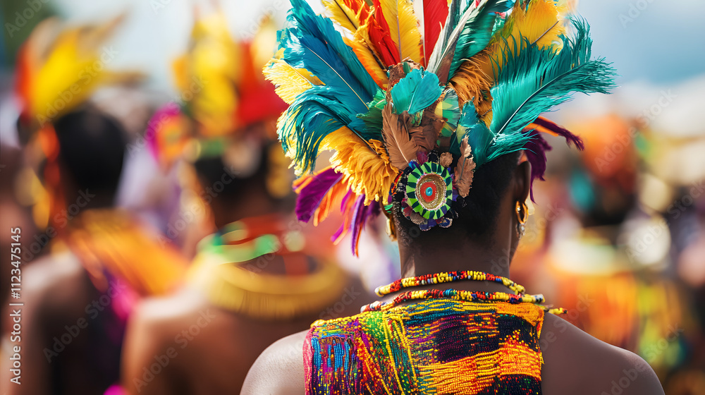 A vibrant African ceremony featuring a procession of people wearing colorful headdresses and carrying symbolic objects. A vibrant African ceremony featuring a procession of people wearing colorful headdresses and carrying symbolic objects.