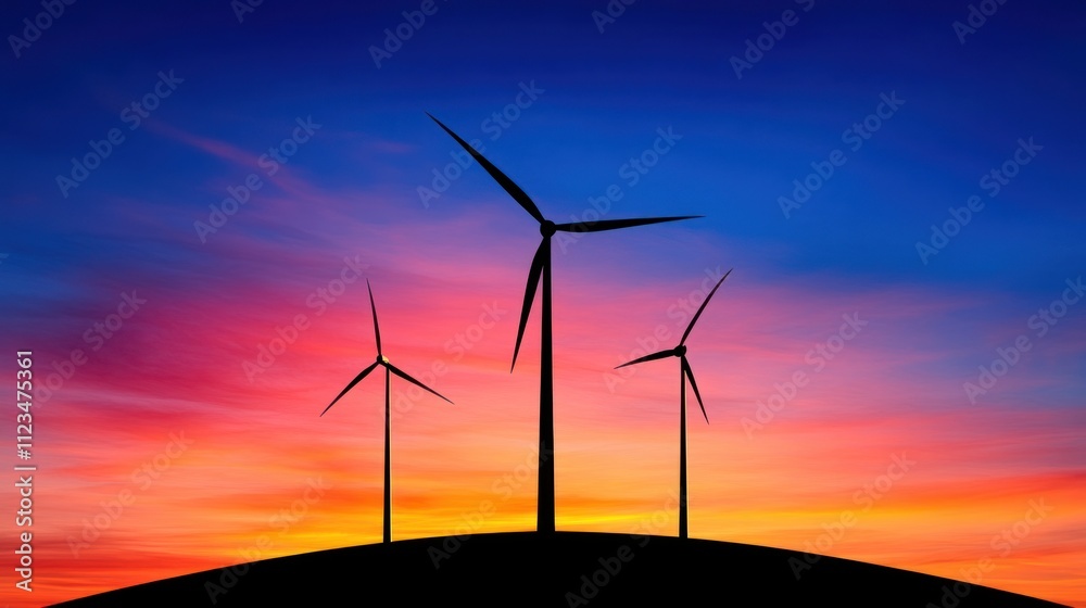 Obraz premium Renewable Energy at Sunset: Wind Turbines Spinning on Hilltop with Vibrant Sky and Scenic Landscape