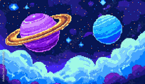 8bits Pixel Art of Planets with Purple and Blue Cosmic Colors photo