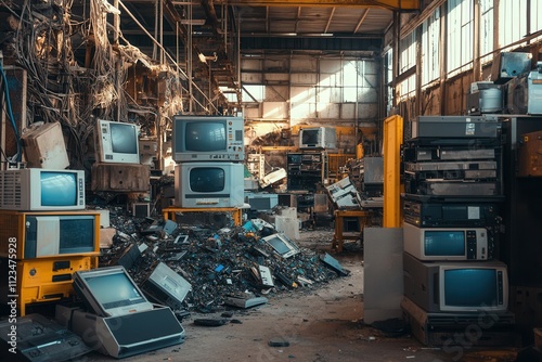 Abandoned electronics factory with piles of vintage computers and tvs. photo