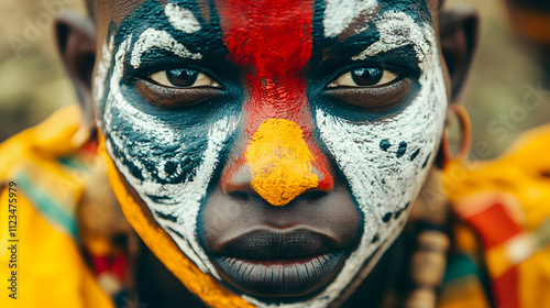 A vibrant African initiation ceremony featuring symbolic face painting and traditional songs in a sacred clearing.