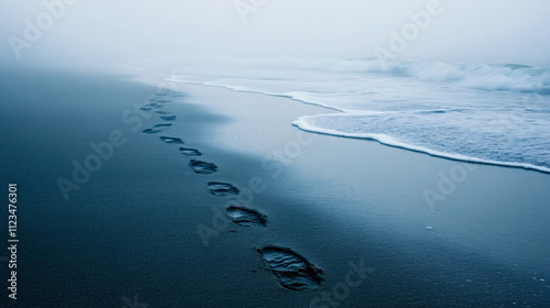A foggy beach where footsteps lead toward the ocean but disappear into the mist. The sound of distant waves mixes with soft whispers.