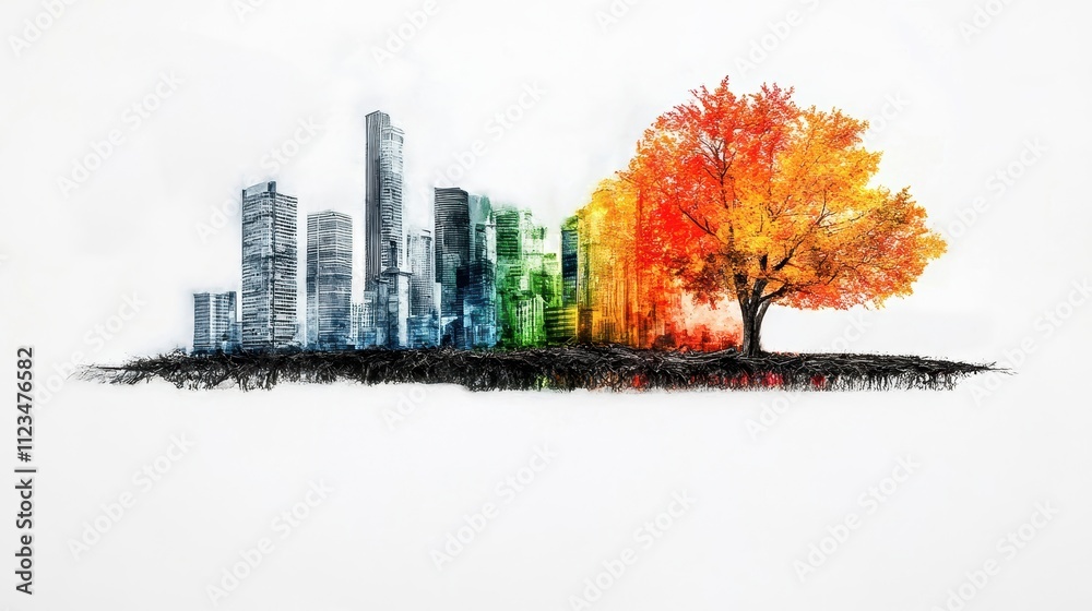 Fototapeta premium Vibrant cityscape with colorful autumn tree