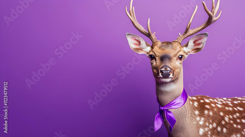 Sophisticated deer wearing a bright purple tie against a vibrant bright purple background, ideal for elegant branding, fashion ads, and refined product promotions photo