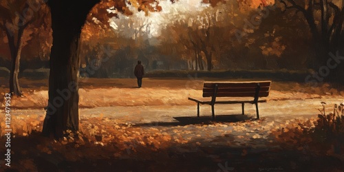 A solitary bench in a park during autumn, covered in fallen leaves, with a distant figure walking away under the soft, golden light