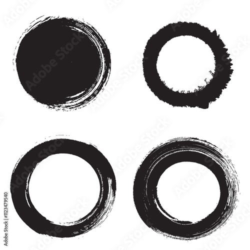 Circular black ink stain watercolor brush texture, isolated vector, artistic and abstract designs