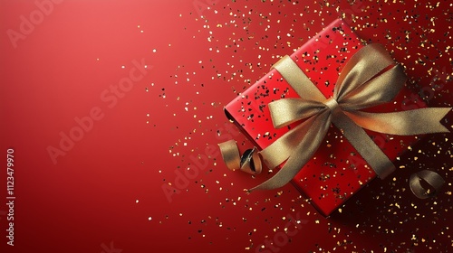 Red gift box with a golden bow and confetti on a festive background photo