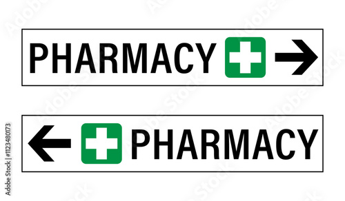 Pharmacy, directional sign. Two rectangle signs with symbol, text and directional arrow, one pointing right and the other pointing left.