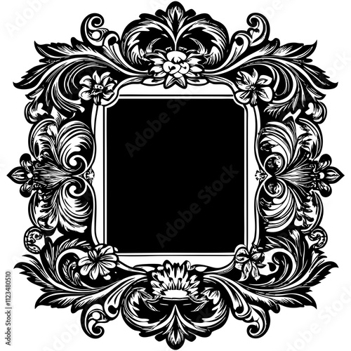 "A square Baroque frame featuring a gilded finish, with layered textures of vines and roses, giving it a three-dimensional effect and grand appearance."