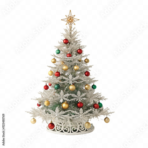 abstract 3d decorated green christmas tree with golden baubles for new year with gift box isolated on white background