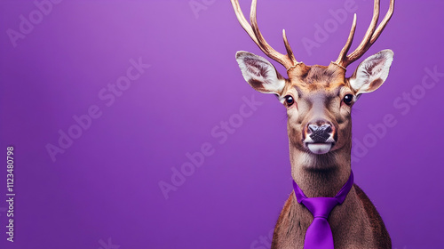 Sophisticated deer wearing a bright purple tie against a vibrant bright purple background, ideal for elegant branding, fashion ads, and refined product promotions photo