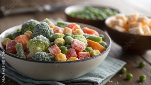 Frozen vegetables in a bowl showing freshness and ease of preparation.
 photo