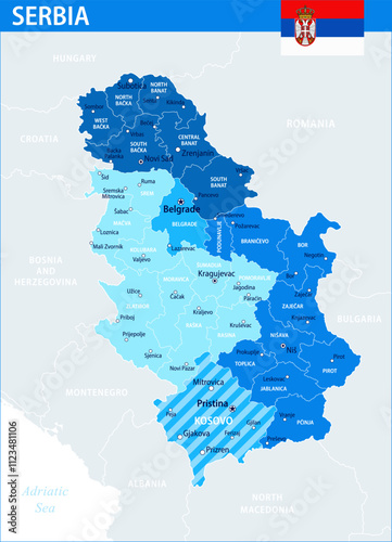 Serbia Map Vector Blue Spot - Customizable layered political map of Serbia with administrative divisions for website, education, reports, news, politics, print, poster and wallpaper