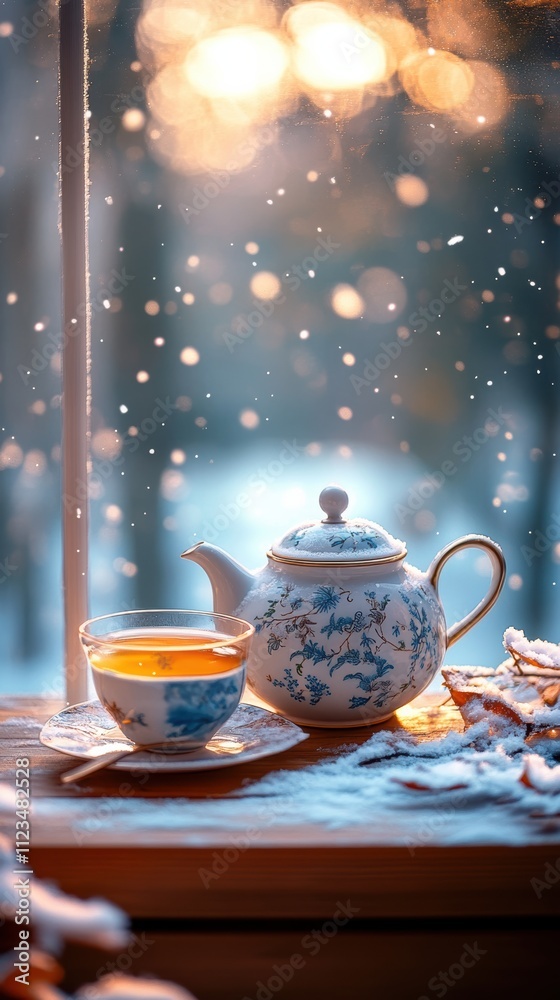 Fototapeta premium Teapot and cup by snowy window with warm light and bokeh effects