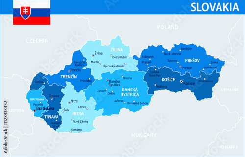 Slovakia Map Vector Blue Spot - Customizable layered political map of Slovakia with administrative divisions for website, education, reports, news, politics, print, poster and wallpaper