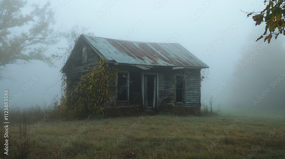Obraz premium A forgotten cabin shrouded in fog, with vines twisting through broken windows and door left ajar.