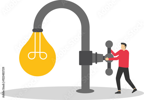 Businessman opening water tap and light bulb fall from faucet, source of new ideas. Light bulb as drop of water. Modern vector illustration in flat style