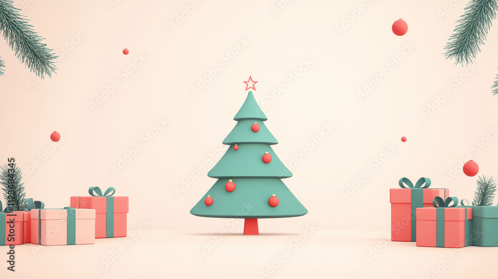 Fototapeta premium Minimalist christmas tree and gift boxes frame vector illustration