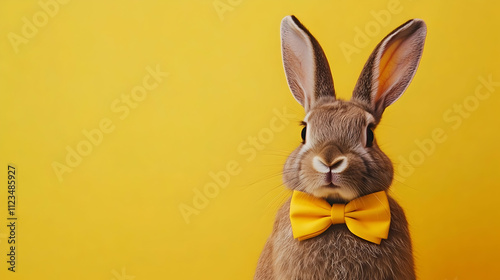 Playful rabbit wearing a bright yellow bowtie against a vibrant bright yellow background, ideal for kids' ads, joyful product promotions, and cheerful poster designs photo