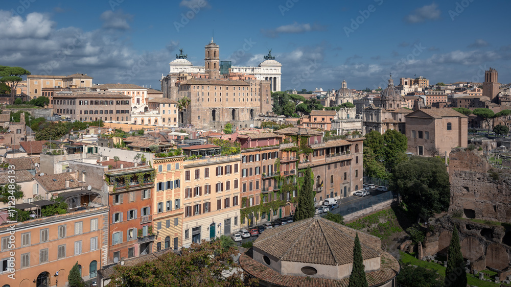 Fototapeta premium Panoramic cityscape Capitoline Hill, Tabularium and ruins of Foro Romano on sunny day, Rome, Italy
