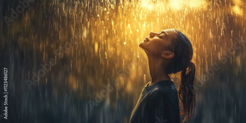 A woman standing in the rain without an umbrella, her face turned upward, the water streaming down her expressionless face, symbolizing acceptance and release