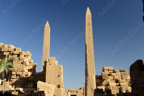 Temple of Karnak, Luxor, Egypt, Africa. View of obelisk within the temple.