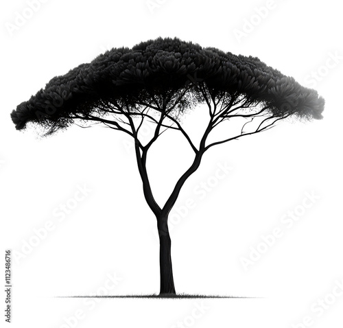 Single umbrella pine tree, black and white
