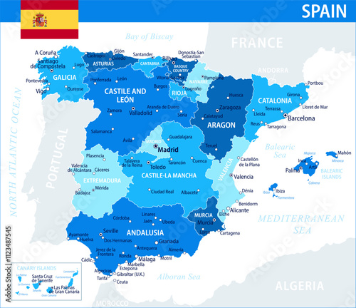 Spain Map Vector Blue Spot - Customizable layered political map of Spain with administrative divisions for website, education, reports, news, politics, print, poster and wallpaper